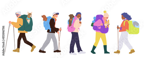 Diverse people backpackers cartoon characters travelling with dogs in bags set isolated on white