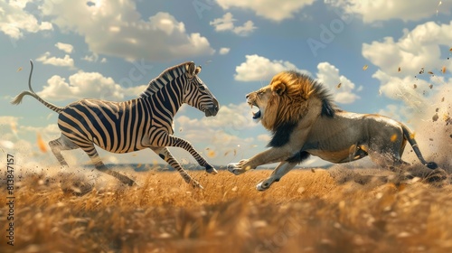 Zebra fights with lion in Savannah