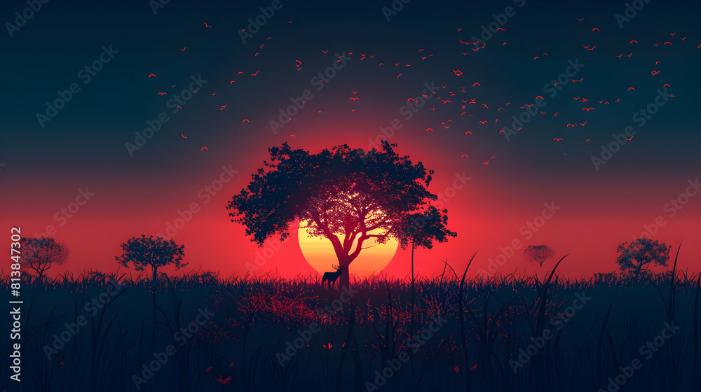 Sunset Silhouettes: Trees and Wildlife in Flat Design against a Vibrant Setting Sun Background Sunset Silhouettes: Trees and Wildlife in Flat Design against a Vibrant Setting Sun Background