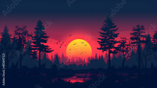 Sunset Silhouettes  Flat Design Icons of Trees and Wildlife Against Setting Sun   Vibrant and Stark Illustration