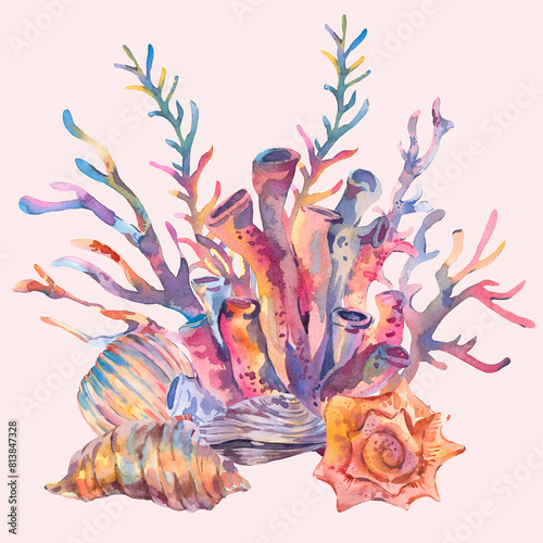Watercolor Vintage Ocean Treasures, Seaweeds, Seashells Greeting Card (ID: 813847328)