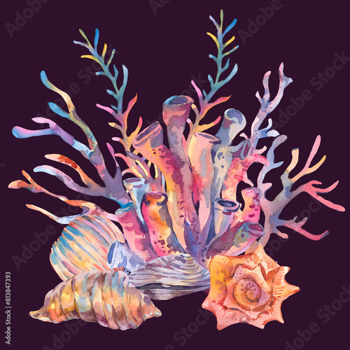 Watercolor Vintage Ocean Treasures, Seaweeds, Seashells Greeting Card (ID: 813847393)