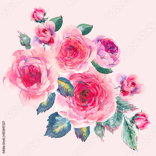 Watercolor Vintage Botanical Garden Roses Greeting Card (ID: 813847527)