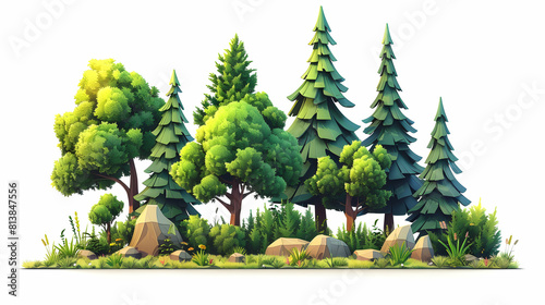 Towering Giants of the Forest: Old Growth Trees in Isometric Scene Simple Flat Design Icon Depicting Majestic Trunks and Centuries of History