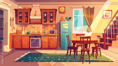 Typical cottage house dining room with an empty wooden table and chairs on the carpet  a fridge and an electric oven  a staircase  and a daylight shining through the window. Modern cartoon