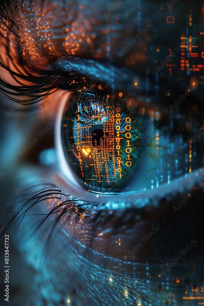 Eye surveillance front view showing the intensity of being watched digital binary as object Tetradic color scheme Eye surveillance front view showing the intensity of being watched digital binary as object Tetradic color scheme