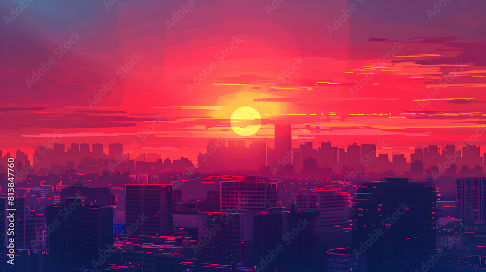 Urban Rooftop Sunset: Cityscape View at Dusk   Flat Design Icon Showing Fading Sun on City Background   Adobe Stock Flat Illustration