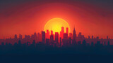 Urban Sunset Drama: Fiery Skyline Illuminated with Orange Glow   Flat Design Icon
