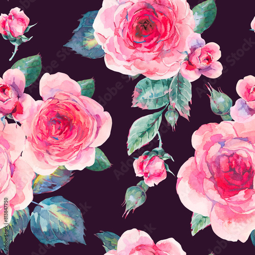 Watercolor Vintage Botanical Garden Roses Seamless Pattern