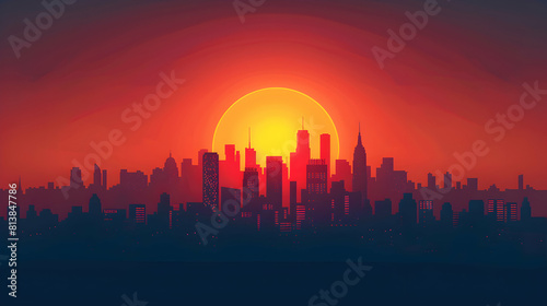 Urban Sunset Drama  Fiery Skyline Illuminated with Orange Glow   Flat Design Icon