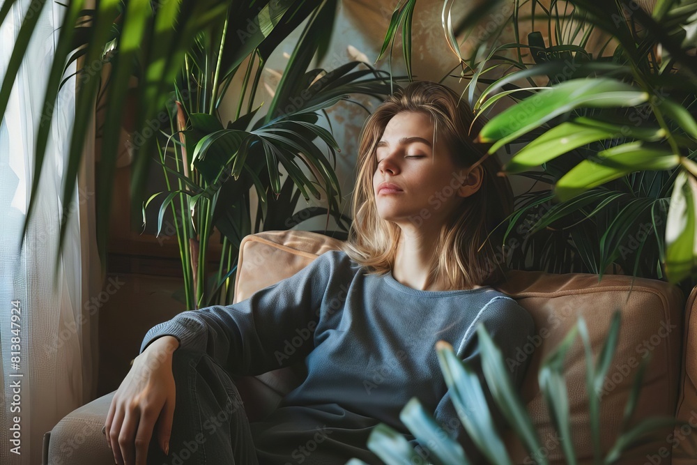pensive woman relaxing on couch with lush potted plant mindfulness at home concept pensive woman relaxing on couch with lush potted plant mindfulness at home concept