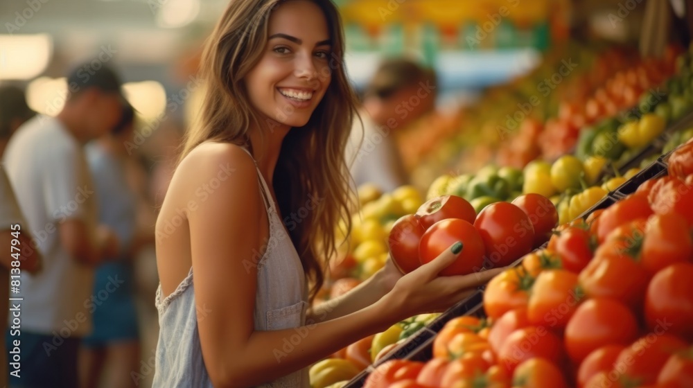 A woman is standing in front of a pile of tomatoes at the market. and appears to be holding several tomatoes A woman is standing in front of a pile of tomatoes at the market. and appears to be holding several tomatoes