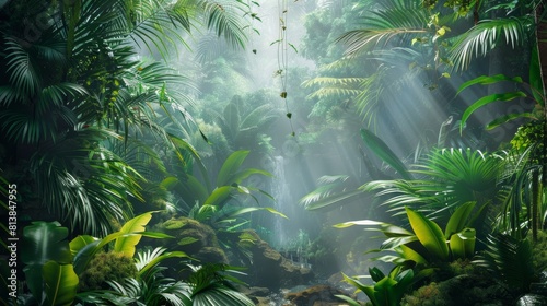 Fototapeta Naklejka Na Ścianę i Meble -  tropical green rainforest with exotic plants and animals