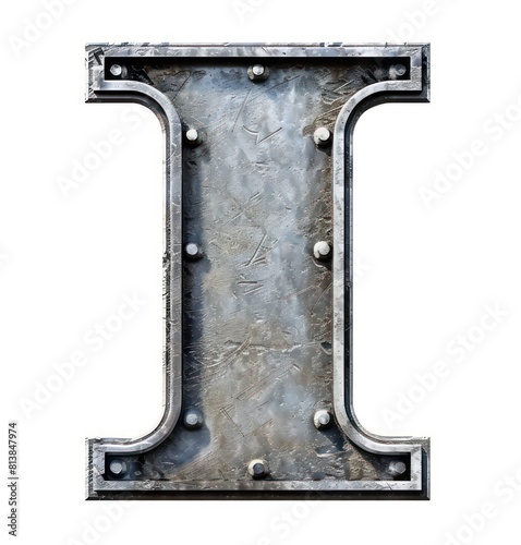 I capital bold letter with metallic texture and industrial look on a white background