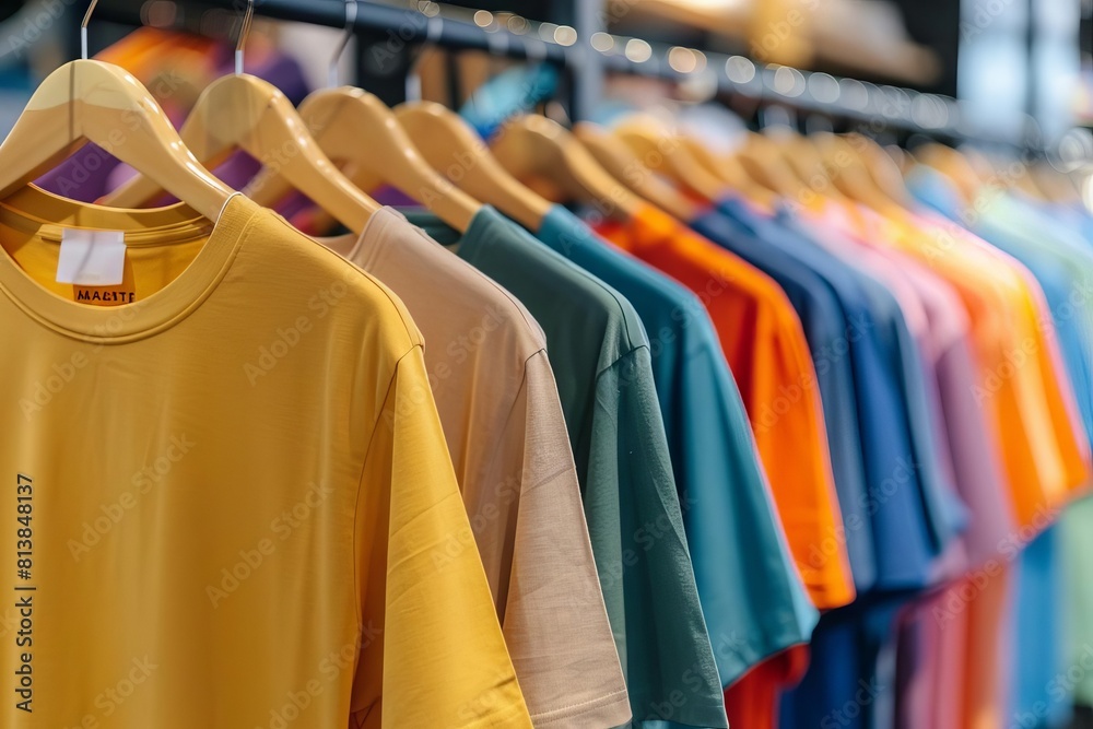 plain tshirts of different colors hanging on rack clothing store interior plain tshirts of different colors hanging on rack clothing store interior