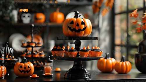 Halloween candy theme with spooky decorations and orange pumpkins, ideal for seasonal products on a black podium photo