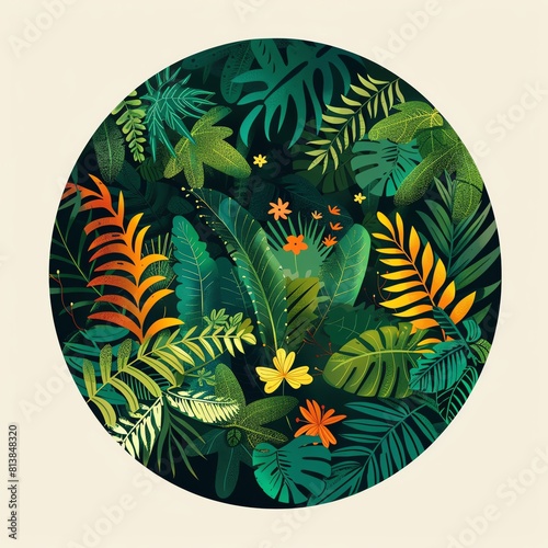 A lush, tropical illustration of a variety of plants and flowers in a circular frame.