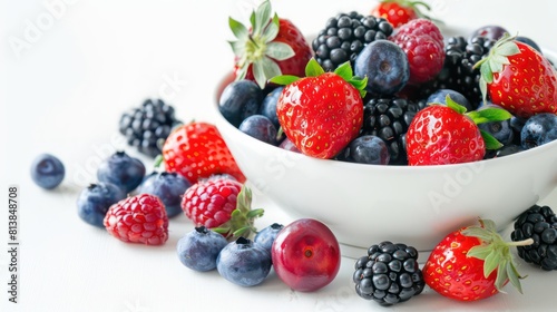bowl of fresh berries  strawberries  blueberries  blackberries with white bright kitchen background