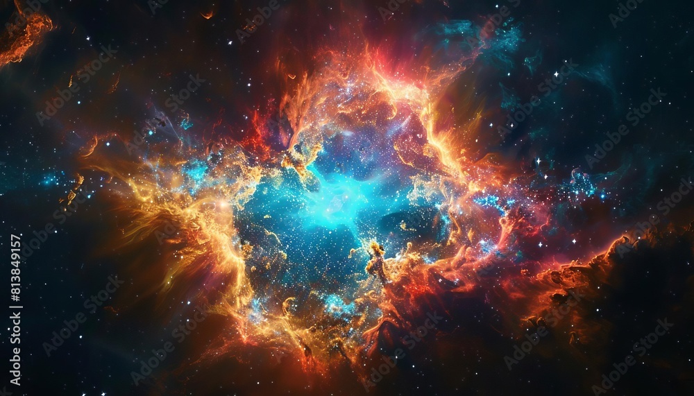 Naklejka premium Represent a supernova remnant, with colorful clouds of gas and dust expanding outward from the site of a massive stellar explosion