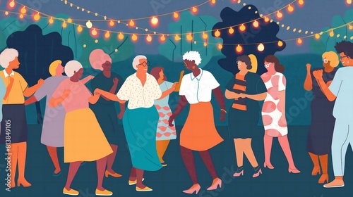 A group of older women are dancing together. Scene is lively and fun. The women are dressed in colorful clothing and are enjoying themselves