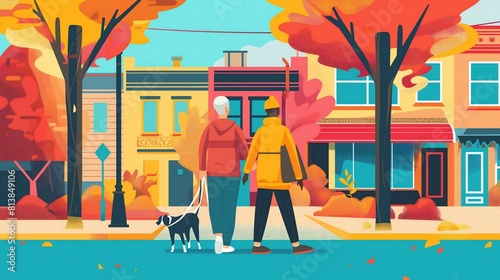 A man and woman are walking their dog down a street in autumn. The scene is lively and cheerful, with the colorful leaves on the trees and the dog's leash in the man's hand