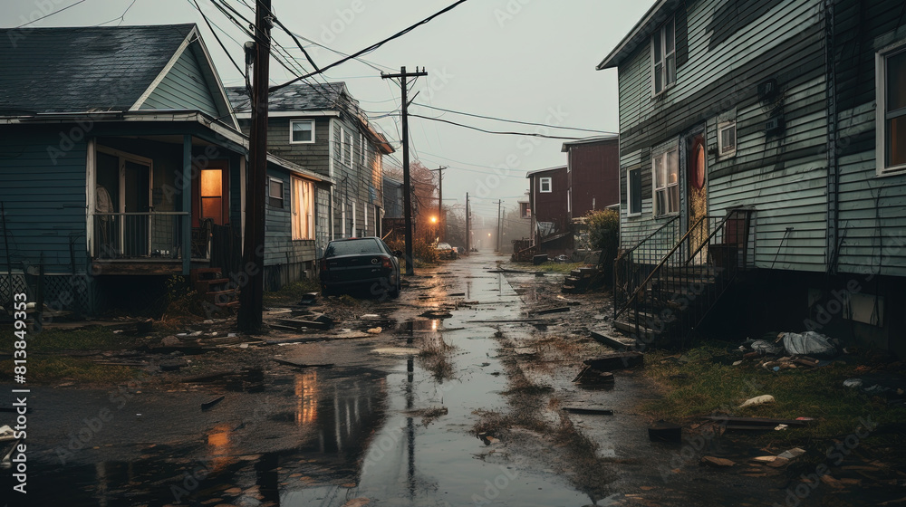 Vibrant Neighborhood Old Street with Houses in Rainy Weather Cityscape Background Vibrant Neighborhood Old Street with Houses in Rainy Weather Cityscape Background