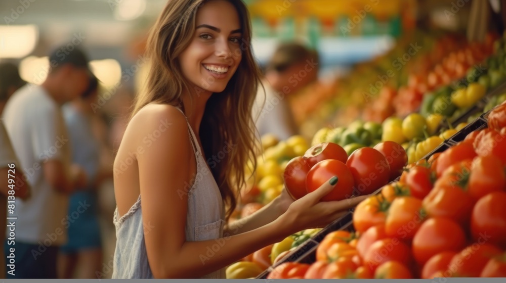 A woman is standing in front of a pile of tomatoes at the market. and appears to be holding several tomatoes A woman is standing in front of a pile of tomatoes at the market. and appears to be holding several tomatoes
