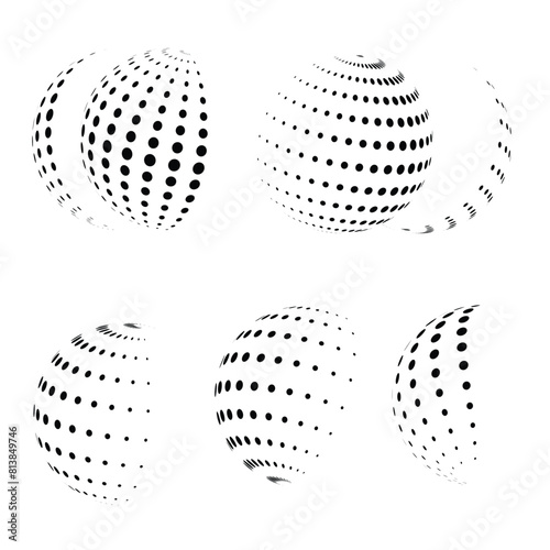 Set of halftone circle 3d spheres. doted circle element, treatment, cosmetic. half Globe icon using circle line raster texture, Vector illustration, half dot circle, half gl