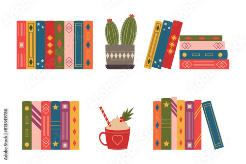 Set of stacks of various books. Isolated vector illustration of books on white background.
