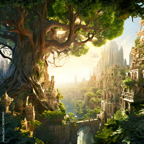 A fantastical cityscape nestled within the branches of a colossal tree  with winding pathways and intricate buildings built among the leaves and branches.