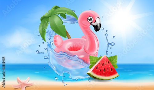 Happy Summer Holiday vacation Background Vector Illustration. realistic beach, ocean, inflatable flamingo and watermelon. Tropical paradise