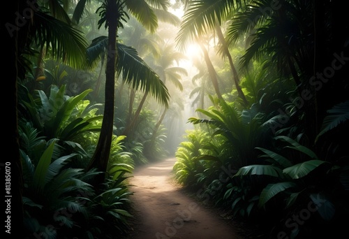 A lush  green tropical rainforest with a winding dirt path leading through the dense foliage