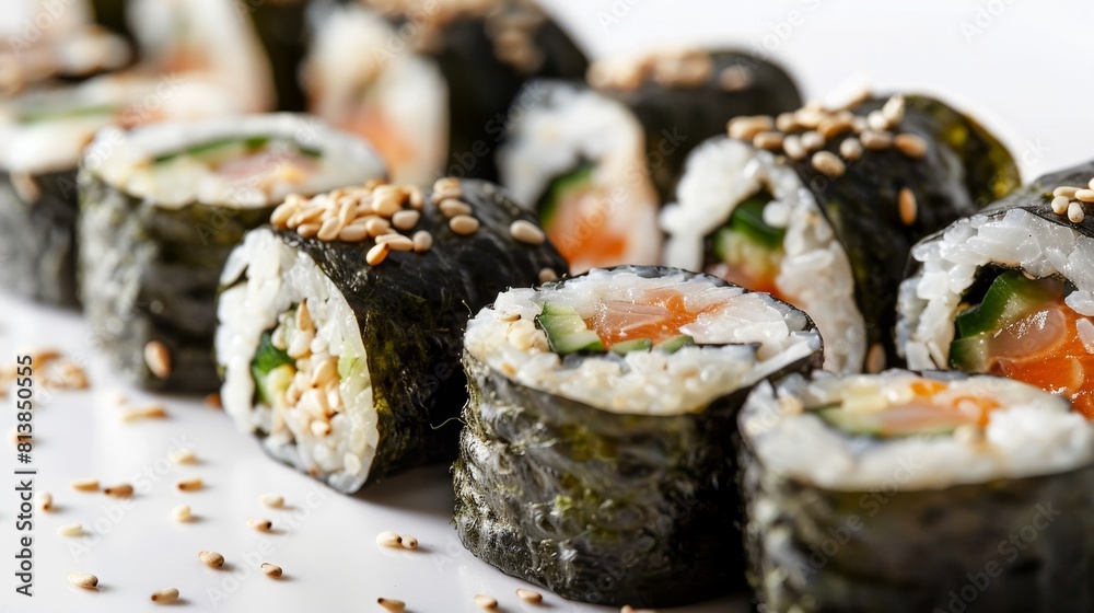 Crisp, detailed shot of seaweed maki rolls garnished with sesame seeds, expertly isolated in a well-lit studio, ideal for advertising Crisp, detailed shot of seaweed maki rolls garnished with sesame seeds, expertly isolated in a well-lit studio, ideal for advertising