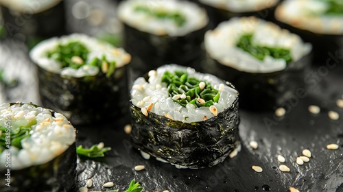 Crisp, detailed shot of seaweed maki rolls garnished with sesame seeds, expertly isolated in a well-lit studio, ideal for advertising photo