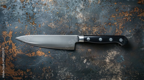 Crisp top-view image of a large kitchen knife, professionally lit to highlight focus and clarity, on an isolated backdrop for advertising