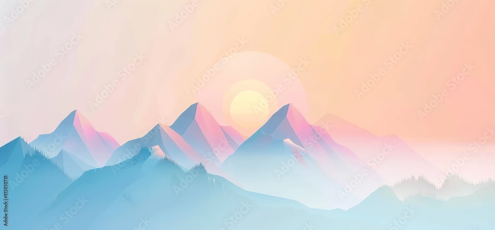 wallpaper of a minimalist mountain landscape with a sun rising behind