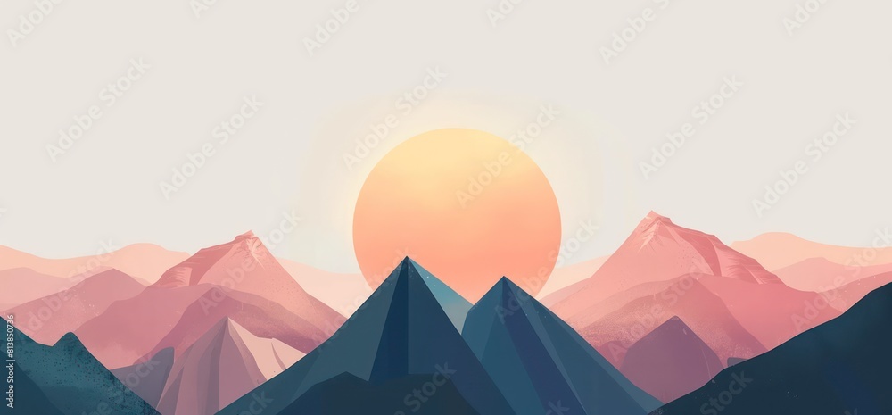 wallpaper of a minimalist mountain landscape with a sun rising behind