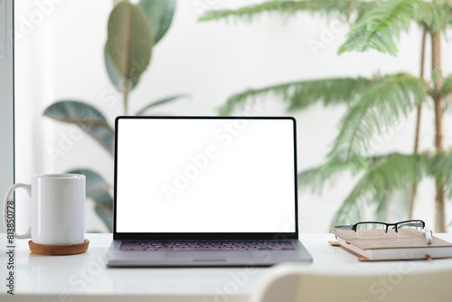 Laptop computer with empty screen, stationery and potted plant on white table in bright office.