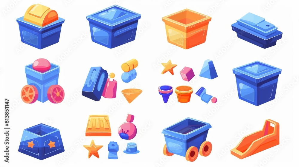 The cartoon modern illustration set includes a plastic container filled with child playthings. An arrangement of game elements for home storage, donations, and charities. The cartoon modern illustration set includes a plastic container filled with child playthings. An arrangement of game elements for home storage, donations, and charities.