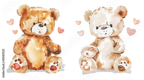 Adorable Teddy Bears Embracing with Hearts Surrounding Them © Rudsaphon