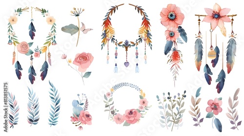 Assorted Boho Floral and Feather Decorative Elements in Watercolor Style photo