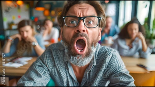 A surprised bearded man wearing glasses leans towards the camera with his mouth wide open, expressing shock or excitement. In the blurred background, a group of people at a table share the same expres photo