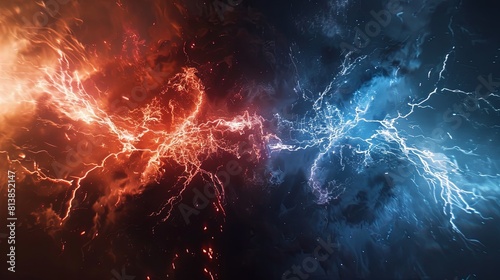 A split scene showing the clash of red and blue lightning, symbolizing. photo