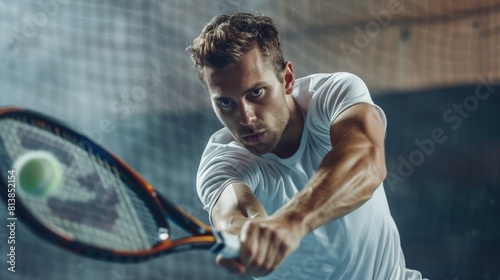 White man practicing squash sport, person is focused and enjoying the sport, sports photography, generative ai