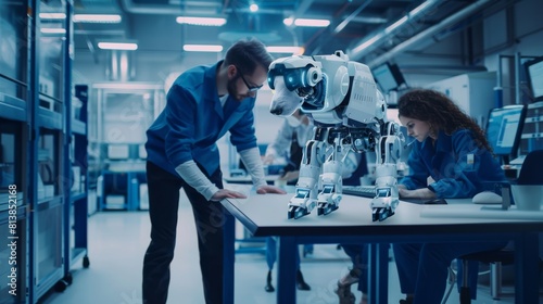 In an industrial robotics factory, colleagues experiment with a prototype robot dog. A computer program is being used before testing.