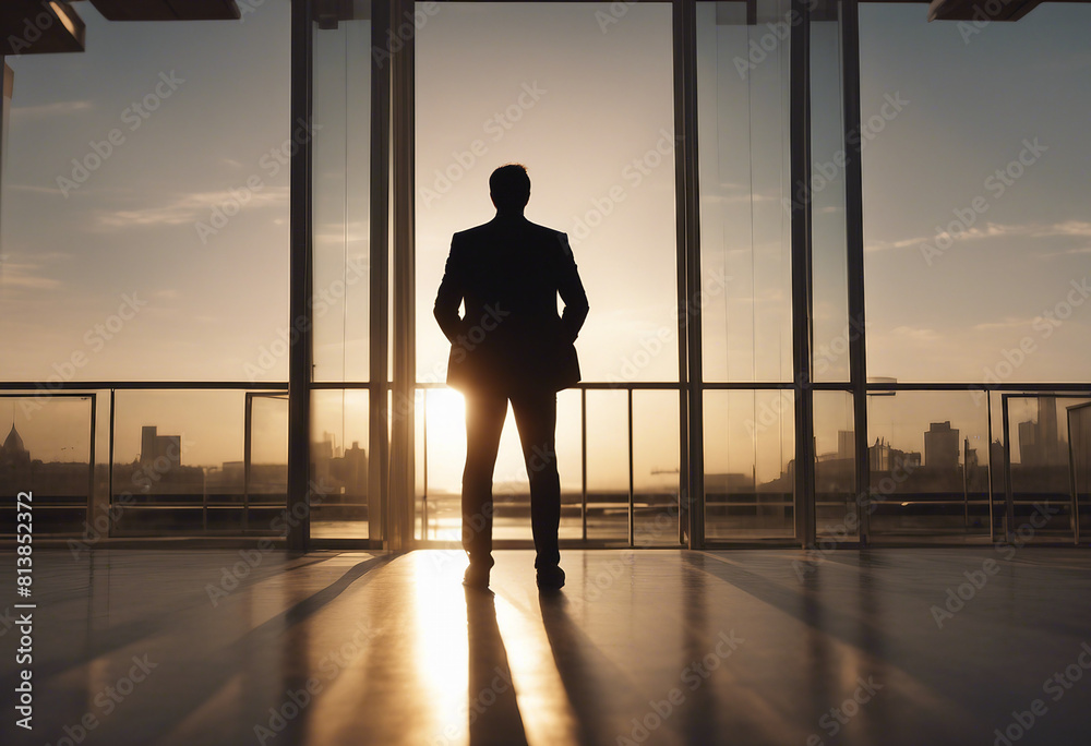 Fototapeta premium silhouette of businessman watching the sunset with his hands in his pockets on the terrace of the building 