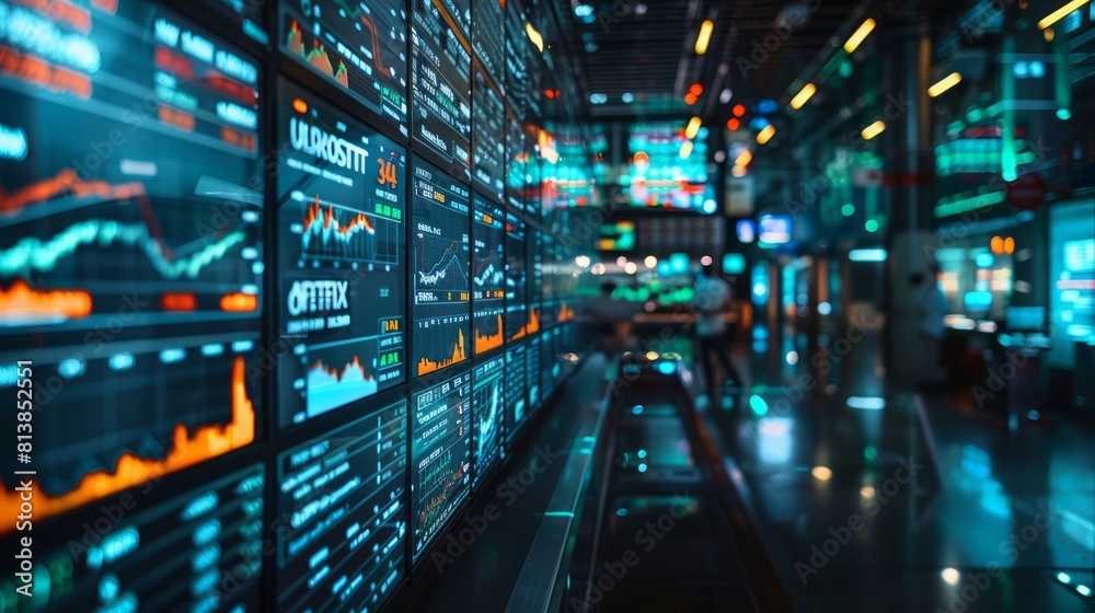 A bustling trading floor illuminated by screens displaying real-time financial data, showcasing the integration of AI algorithms in stock market analysis.