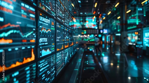 A bustling trading floor illuminated by screens displaying real-time financial data  showcasing the integration of AI algorithms in stock market analysis.