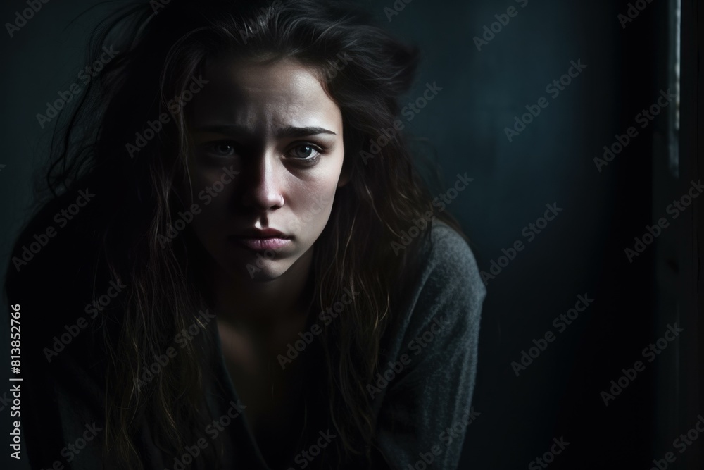 A contemplative young woman sits in shadow, her expression one of deep thought or concern