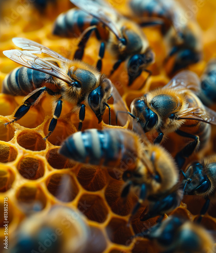 Macro shot of bees swarming on honeycomb